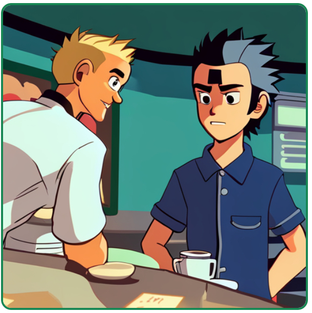 One brisk morning, as Ansel wiped down the stainless-steel counters of his diner, a familiar face walked through the door. It was Charlie, the owner of "No Bot too Broken." He sported a grease-stained jumpsuit, his eyes concealed behind a pair of safety goggles.