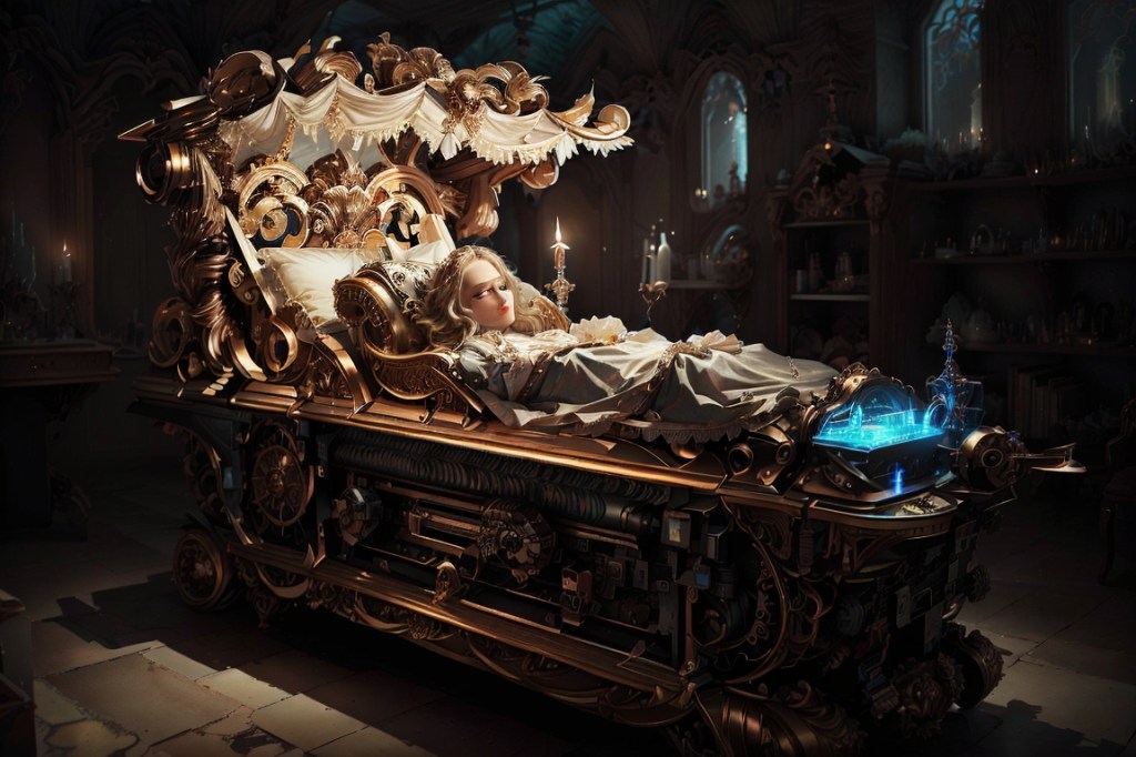 Amelia's head rested on a pillow embroidered with golden threads, and her body was covered with an enchanted blanket, woven with the feathers of phoenixes. With meticulous care, Dr. Meriwether activated the machine. Lights flickered, tubes hummed, and arcs of blue lightning danced around the laboratory. The Resurrector came to life, emitting a low, ominous hum.