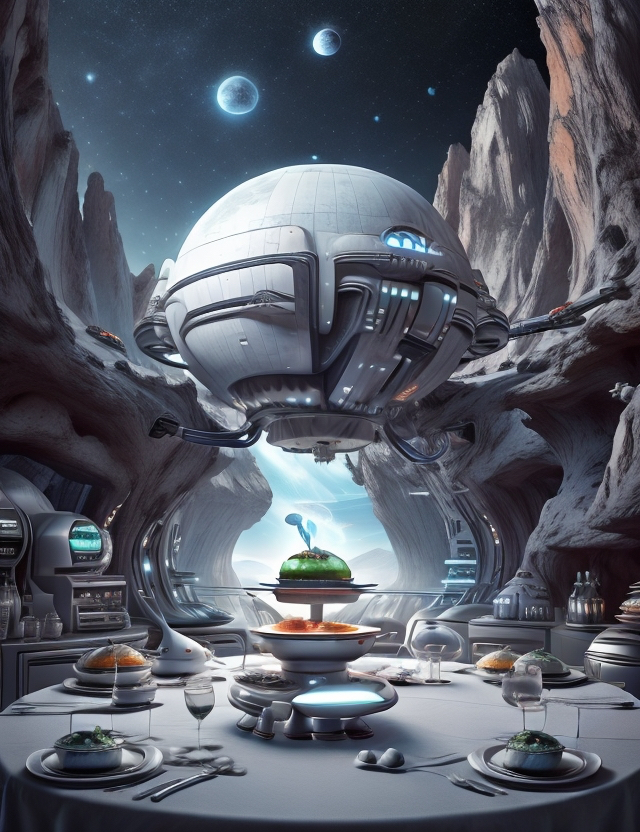 The Way Station’s diverse culinary scene catered to every palate – from exotic cosmic cuisines to familiar comfort foods. Customers could dine under the simulated auroras of alien worlds or enjoy a candlelit dinner with Earth-like gravity.